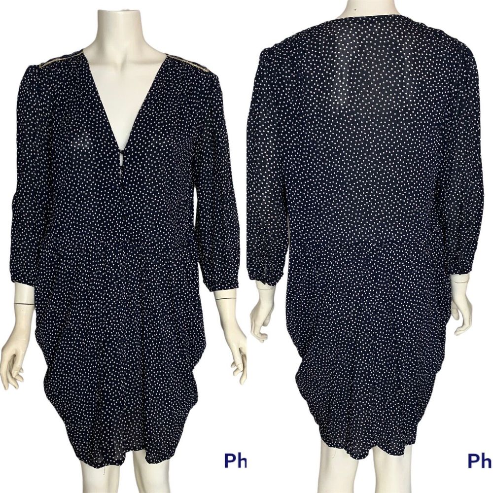 Sandro 2 Long Sleeve V Neck Mini Dress Pockets Polka Dot Medium Roll Sleeve